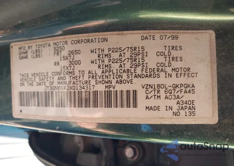 1999 Toyota 4Runner Sr5 V6 из США, поврежденный, VIN JT3GN86R2X0134317